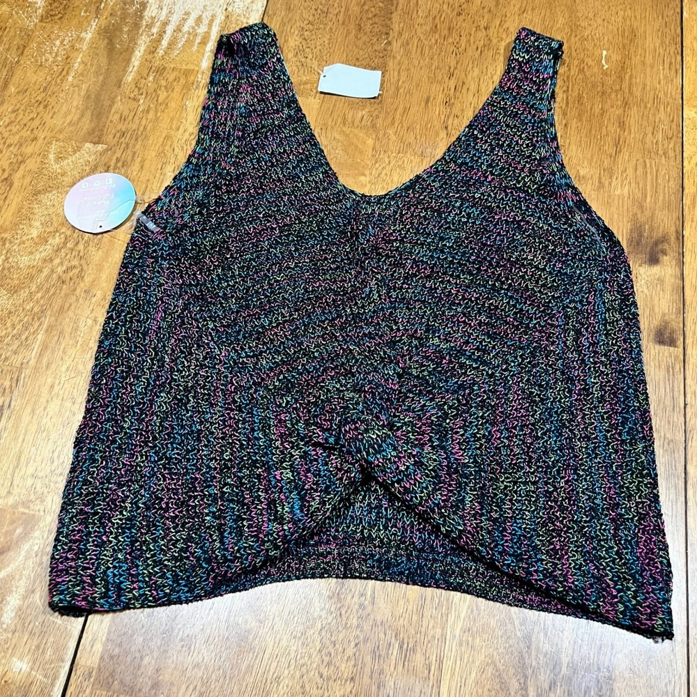 Jolie & Joy Knit Tank Top V-Neck Sleeveless Black Neon Rainbow Speckle Size XL